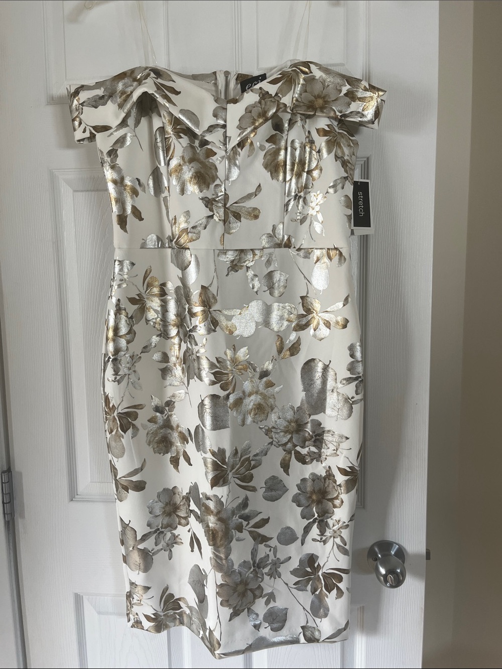 ECI One-Shoulder White Dress with Gold and Silver Floral Jacquard